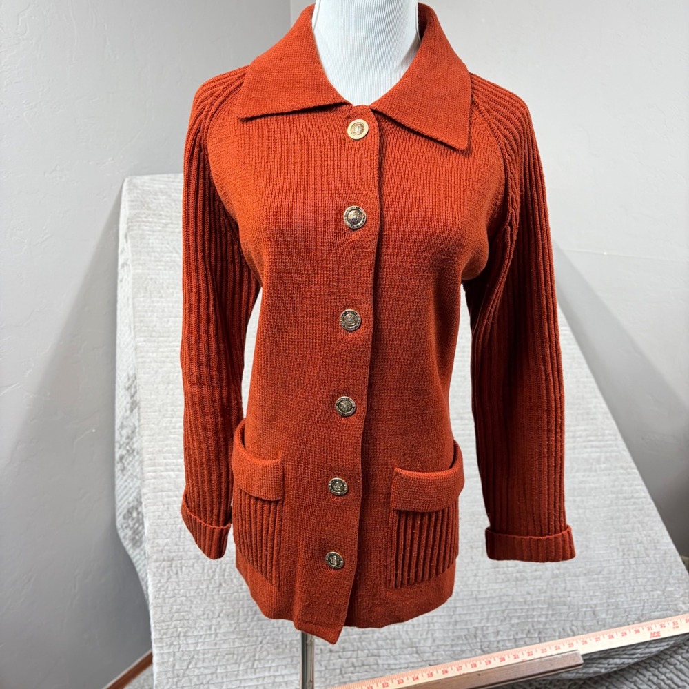 Vintage Sears Orange Knit Cardigan Sweater Gold Crest Buttons Style 8511 Large